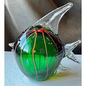 Murano Hand Blown Glass Fish Figurine Green Red & Clear Art Decor with Repair